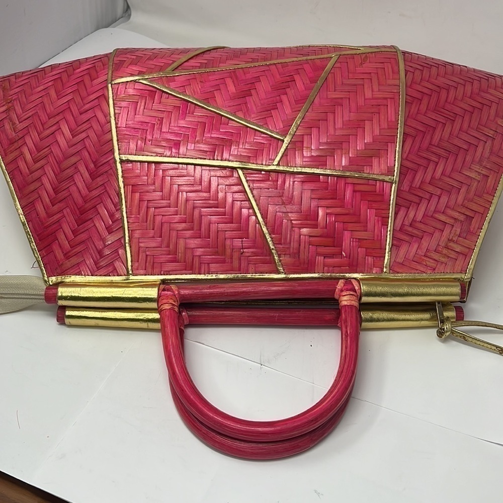 Pink Rattan Gold Lame Leather Zip Large Structured Handbag - Picture 10 of 16